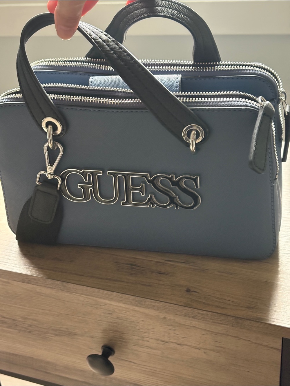 GUESS Blue Crossbody Satchel with Silver Logo